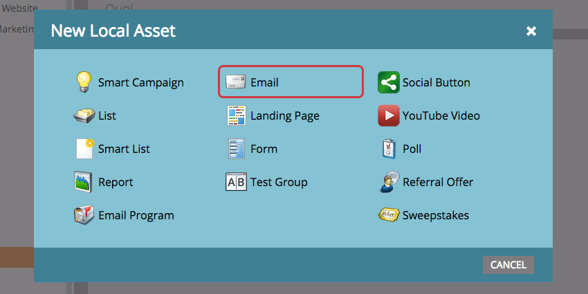 Selezionate Email nel menu Nuova risorsa locale