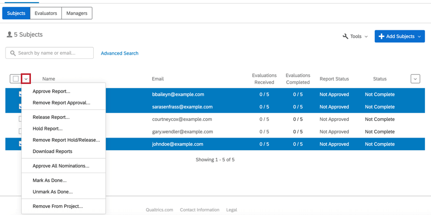 image of the options available when managing multiple participants in a 360 project.
