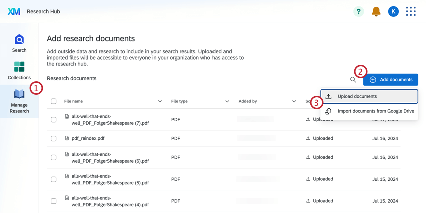 Manage research tab, with add documents button