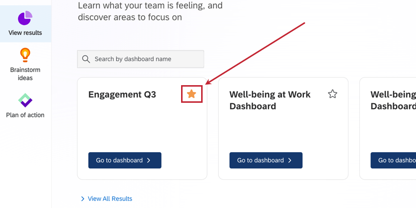 Highlights the star icon next to each dashboard that can be clicked