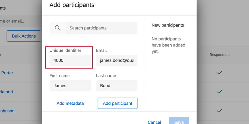 inserção de um valor para o ID exclusivo ao adicionar um participante manualmente