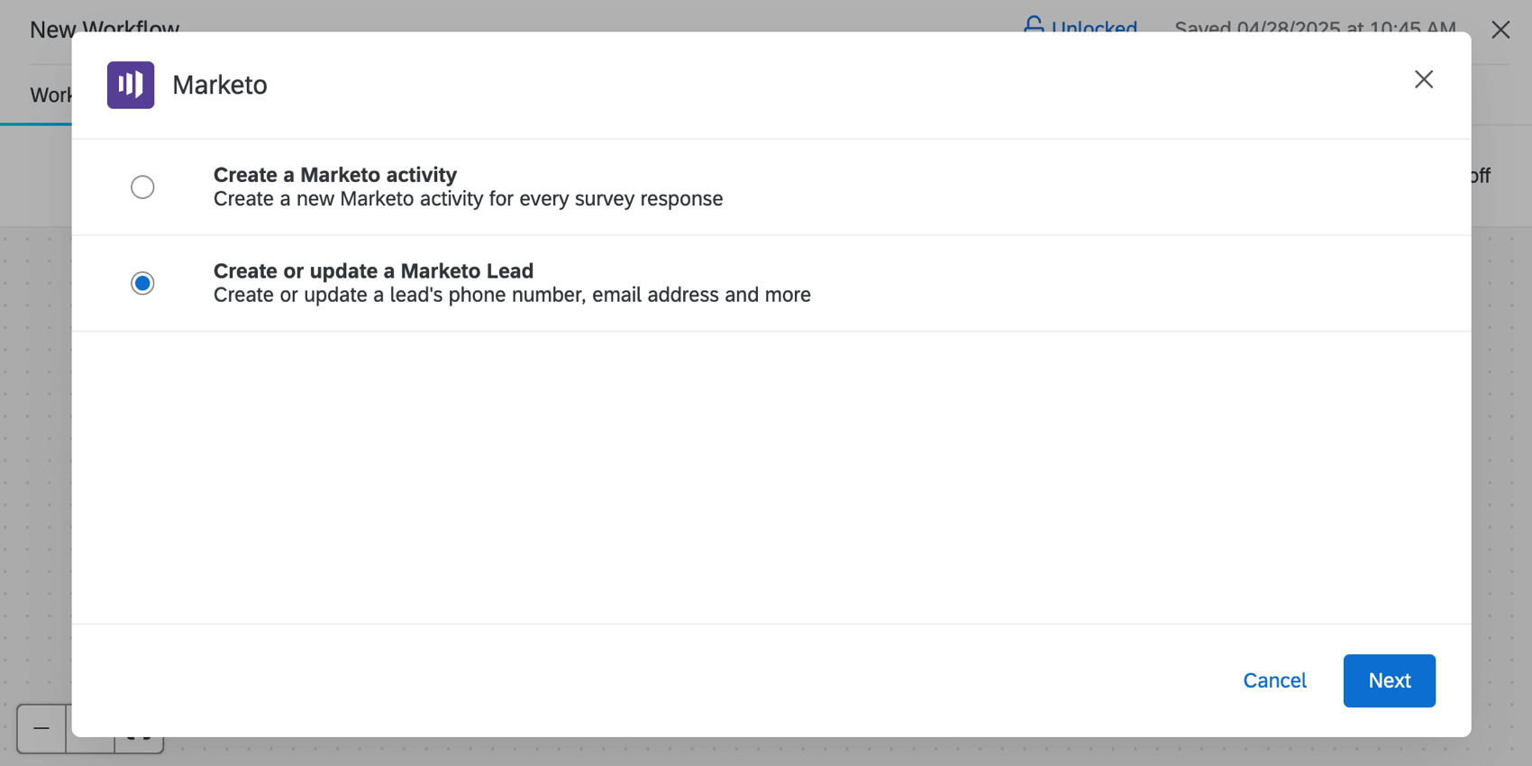 choisir la tâche de marketo à accomplir