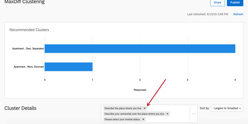 the clustering tab for a maxdiff project. click the x next to a clustering field to remove it