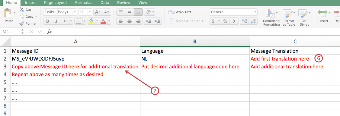 Excel File with columns for Message ID, Language, and Message Translation