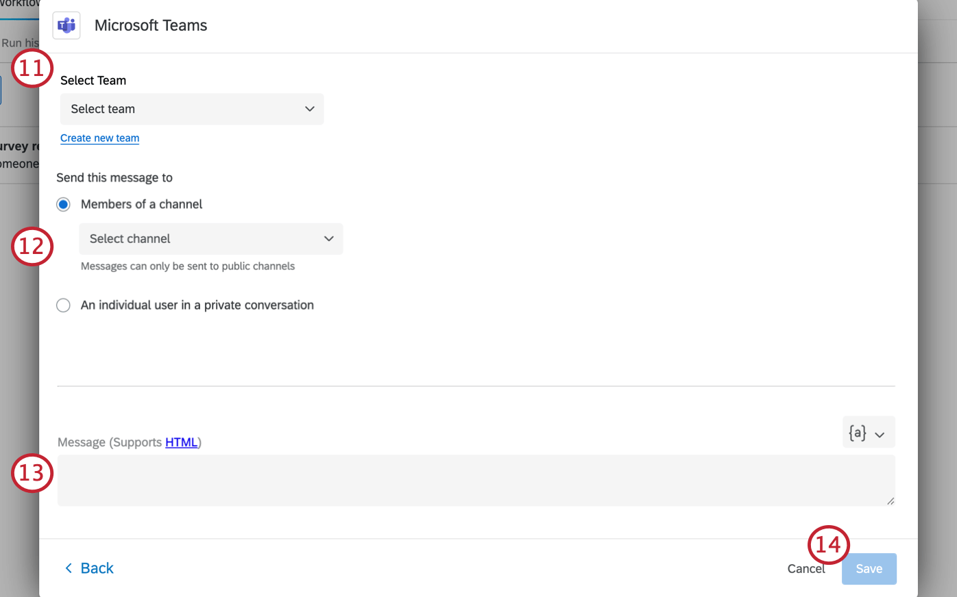 choosing the team, recipient, and entering a message