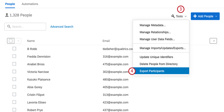 no diretório dos colaboradores, clicando em Ferramentas e selecionando Exportar participantes