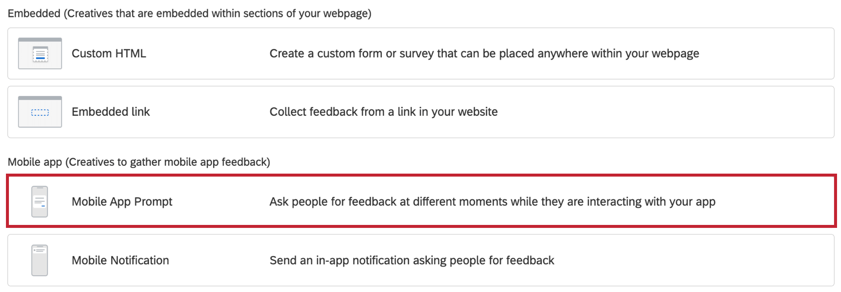 The Create New Creative window with Mobile app Prompt selected