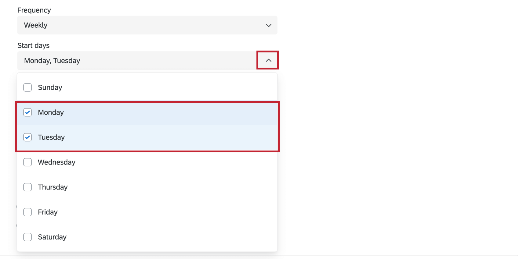 Shows multi select days from the start days dropdown menu.