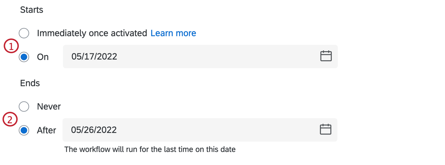 Shows the input for a start and end date in the scheduled workflow.