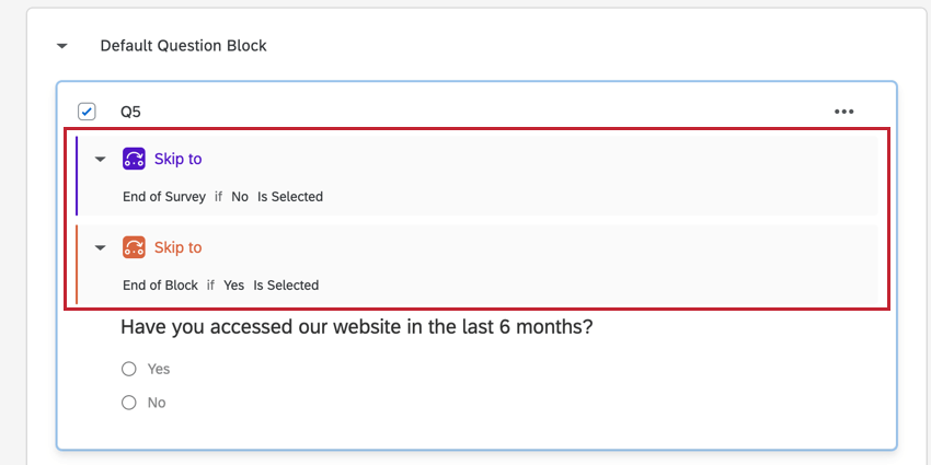 uma pergunta com várias lógicas de salto; cada lógica tem uma cor diferente