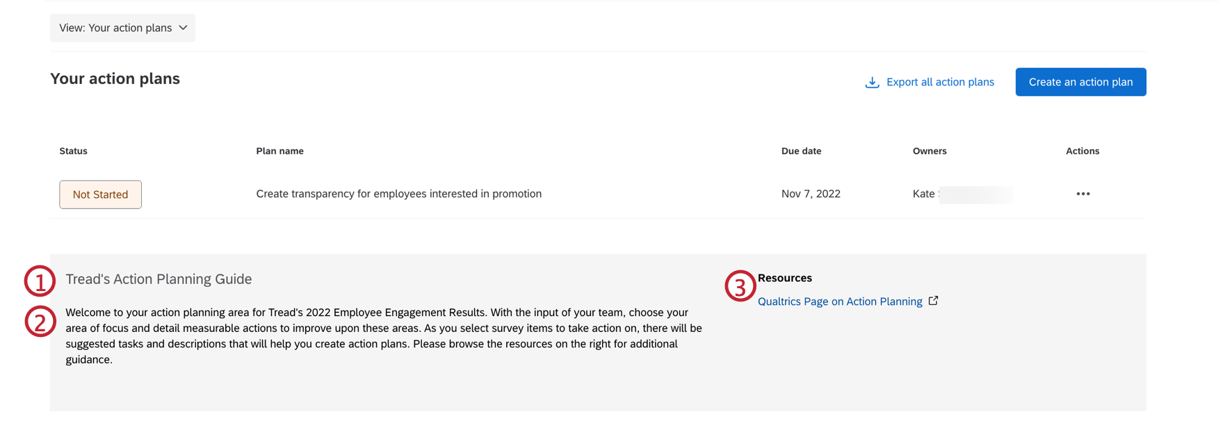Guia de planejamento de ação no menu de planos de ação do dashboard