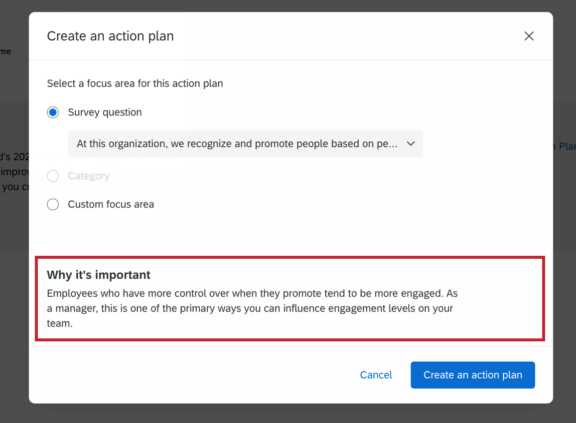 Shows specific guidance in a create an action plan
