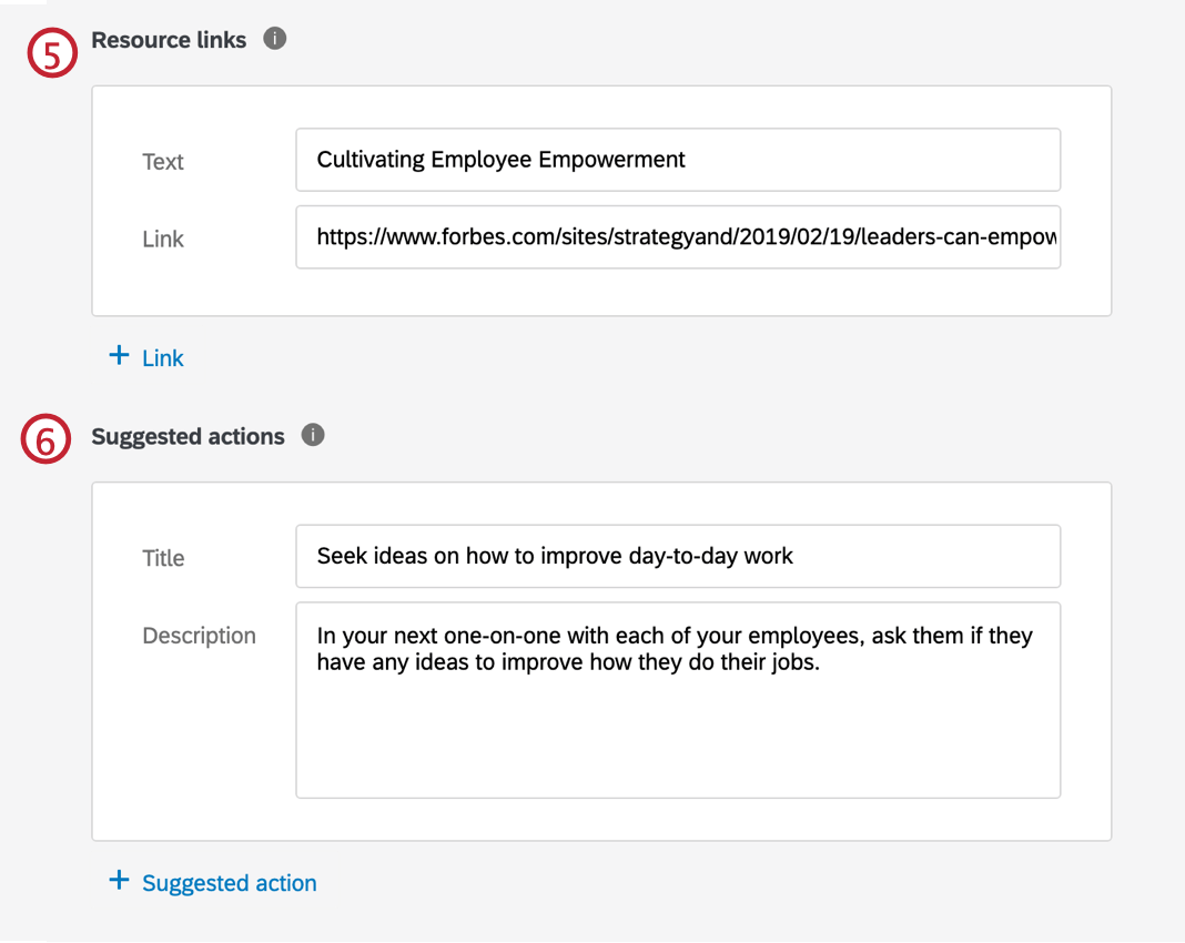 Specific guidance resource links and suggested actions