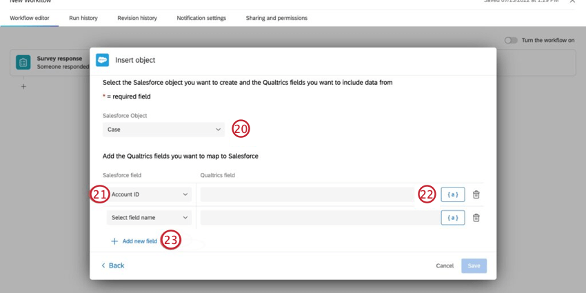 Workflow editor configuration, mapping fields to salesforce task.