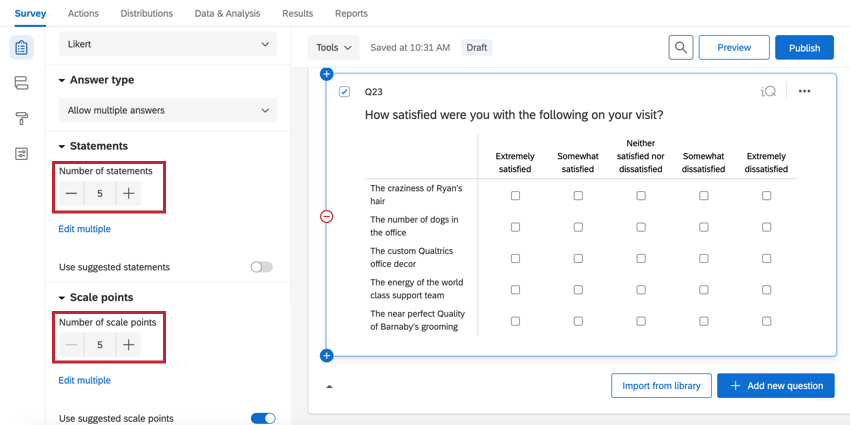 the number of statements and number of scale points fields in the survey builder