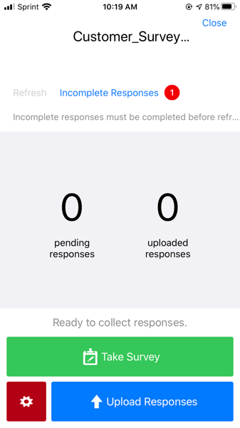 the survey screen for accessing partials, creating a new offline response, etc