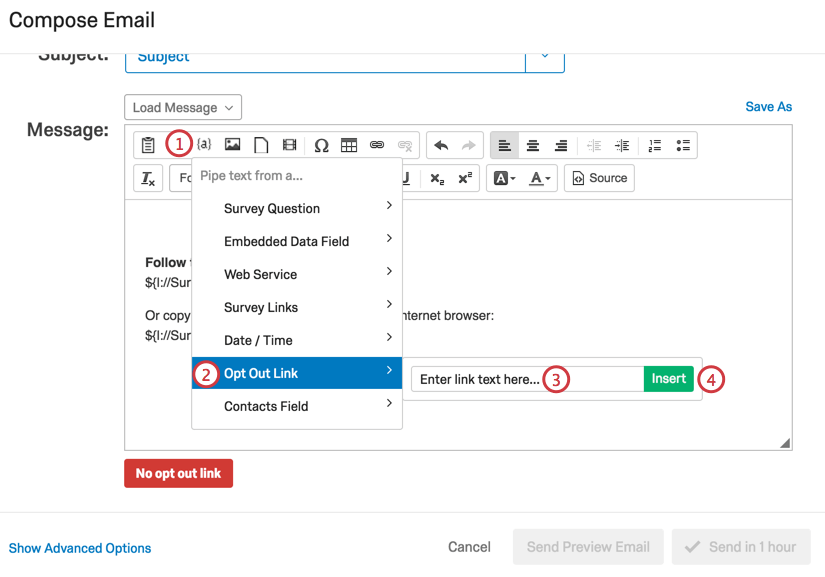 Il pulsante di testo trasferito apre il menu del link OPT-OUT