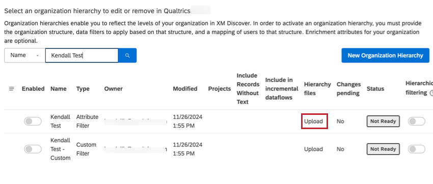 Upload button in the hierarchy files column of the table