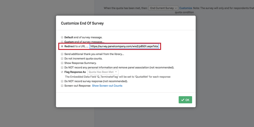 image of the over quota link in the redirect to url field