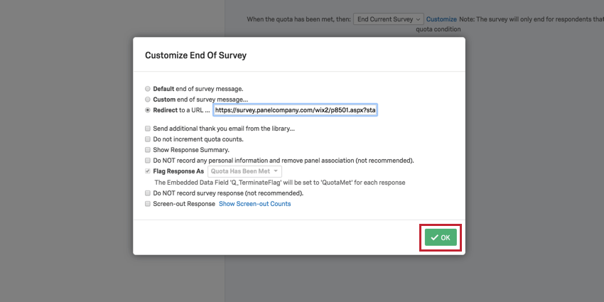 imagem mostrando o botão OK destacado na fim da pesquisa personalizada da tela de pesquisa