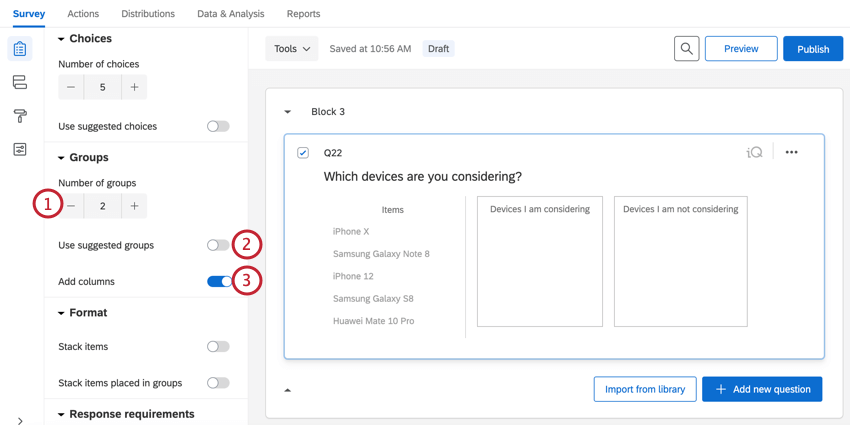 Gruppenoptionen für eine Auswahl-, Gruppen-, Rangfolgefrage