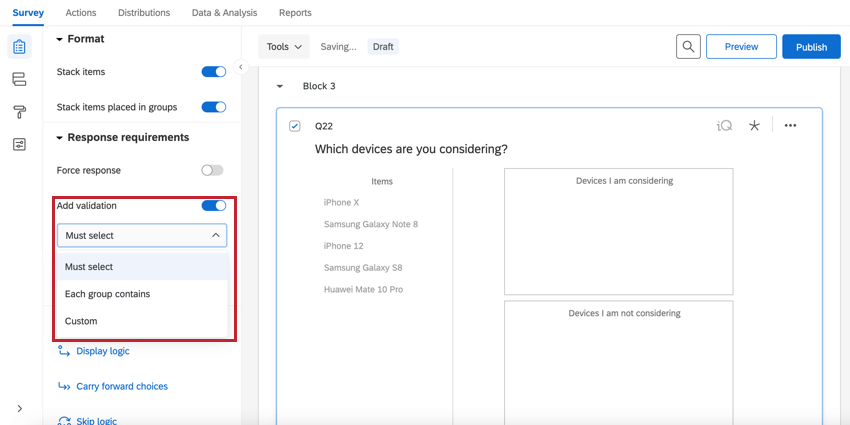 the validation dropdown for a pick group rank question