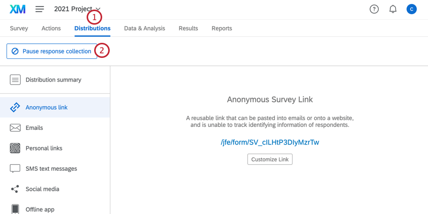 clicking pause response collection at the top of the distributions tab