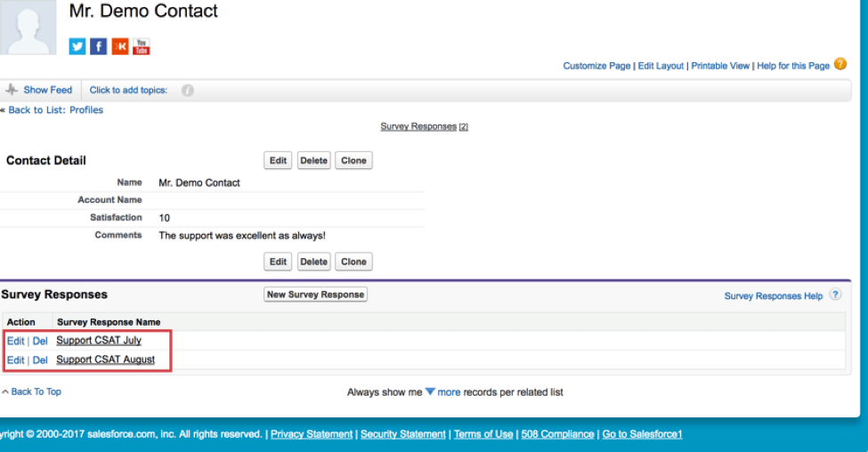 uma página de registro de contato no Salesforce com respostas pesquisa Qualtrics inseridas no registro