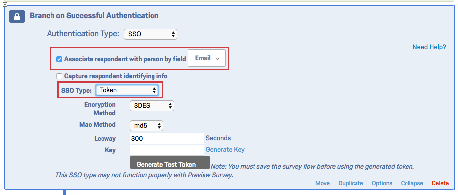 Authenticator set to SSO with the option Associated respondent with person by field set to Email