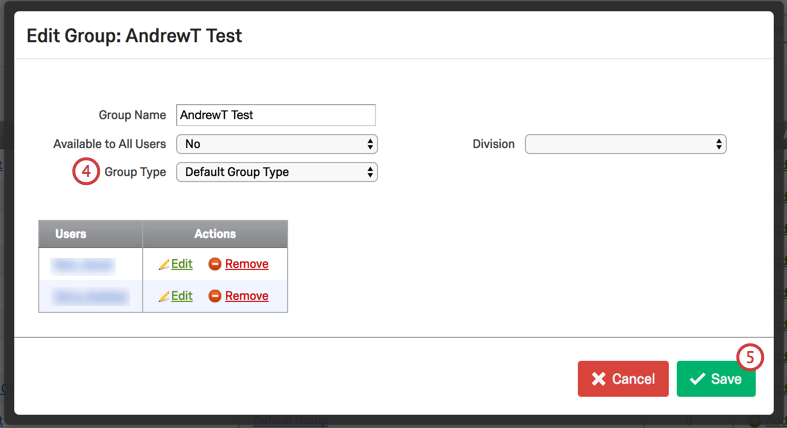 Lista a discesa per il Tipo di gruppo nel menu Modifica gruppo
