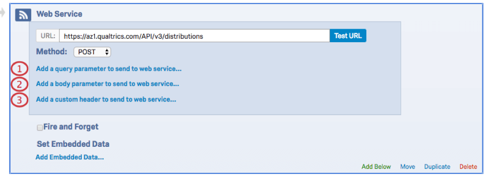 A Web Service with the following highlighted: Add a query parameter, Add a body parameter, and Add a custom header