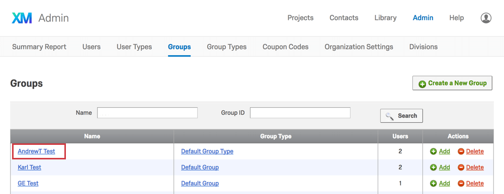 Group name in the lefthand Name column in the Groups tab