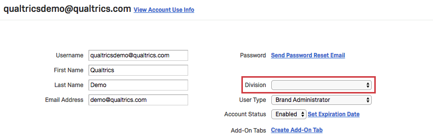 Division dropdown menu on righthand side of user page