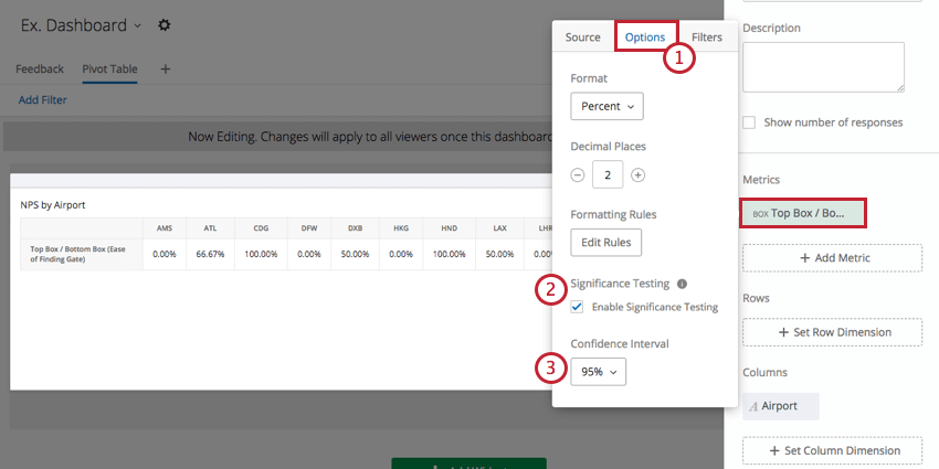 Significance Testing checkbox and Confidence Interval dropdown