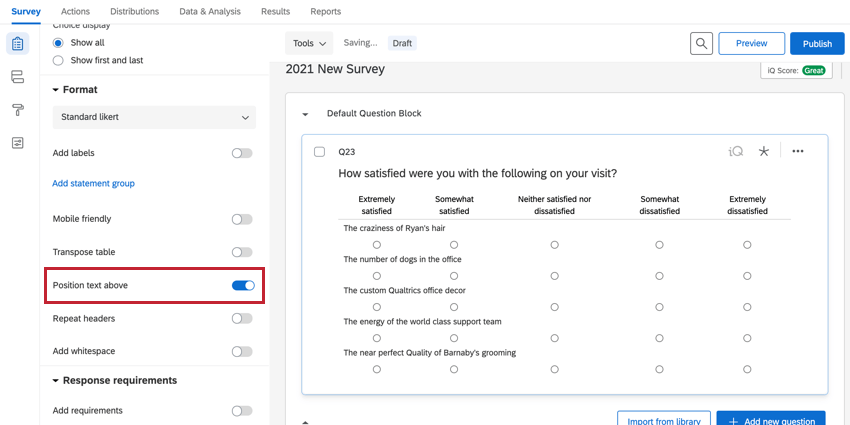 the position text above matrix toggle