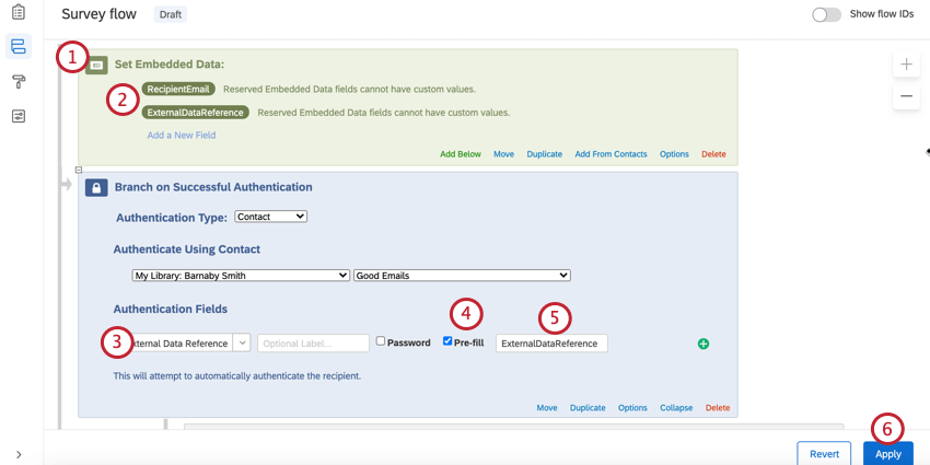 adding an embedded data element to the beginning of the survey flow to capture the embedded data fields from a contact list and then setting up an authenticator using those contact fields