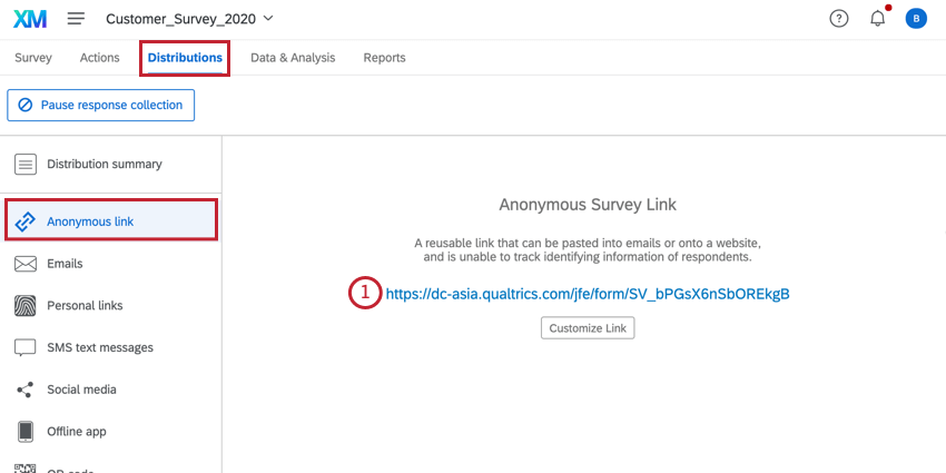 copying the anonymous link from the distributions tab