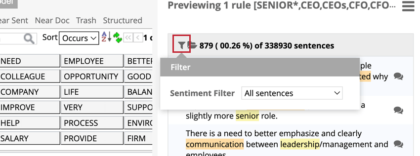 Highlights the filter button in the preview pane