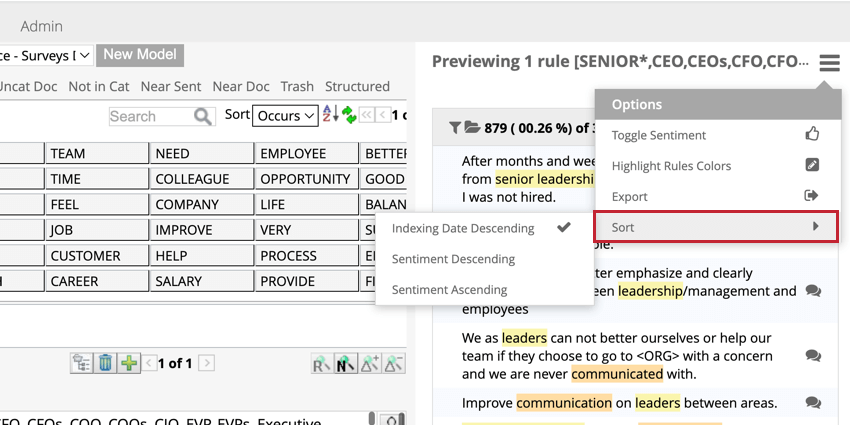 Option de tri dans le menu des options