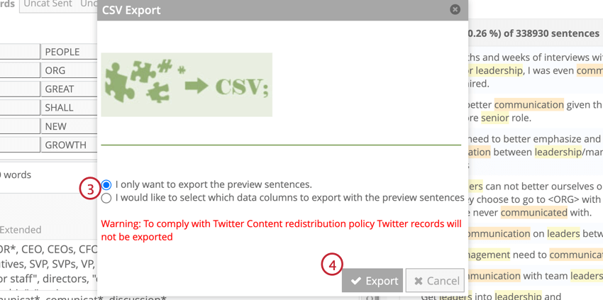 Two export options to select and the export button