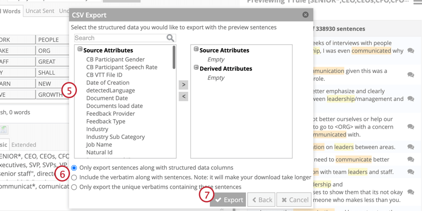 Select the data columns you would like to export then click export