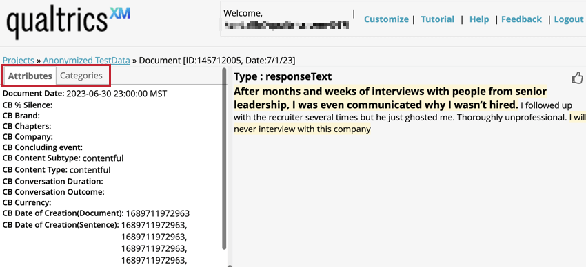 Auswahl zwischen Attributen und Kategorien im Quell-Highlighter
