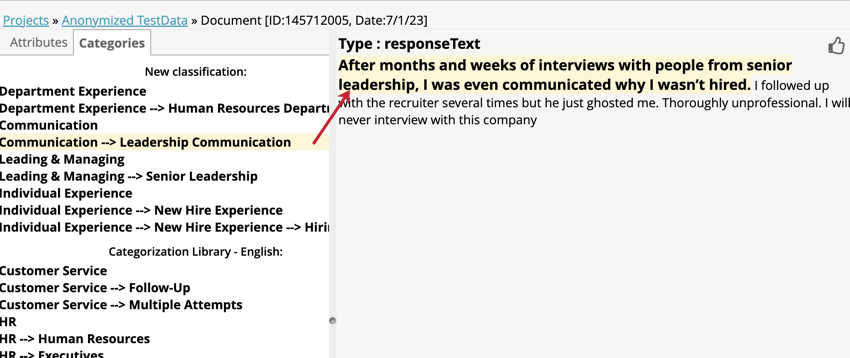 If you click the name of a category, it will highlight that sentences in the source highlighter.
