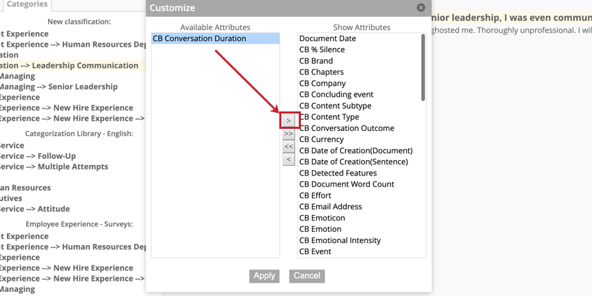 The arrow button that moves attributes from the available attributes menu to the show attributes menu