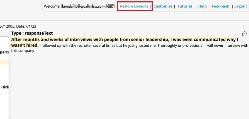 Pulsante Ripristina impostazioni predefinite nella parte superiore dellevidenziatore di soruce