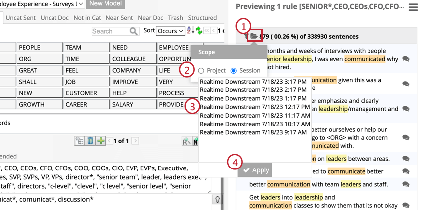 Selecting a session from the scope menu in the preview pane then clicking apply