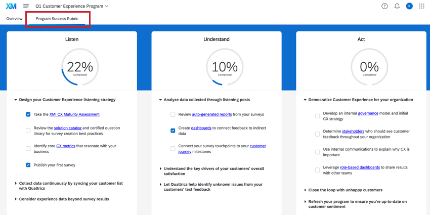 Program Success Rubric tab of the program