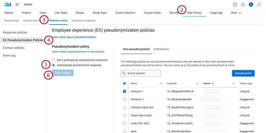 Data privacy tab in admin settings with EX Pseudonymization highlighted.