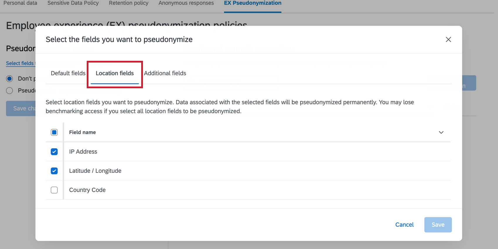 Location fields tab of additional fields pop up