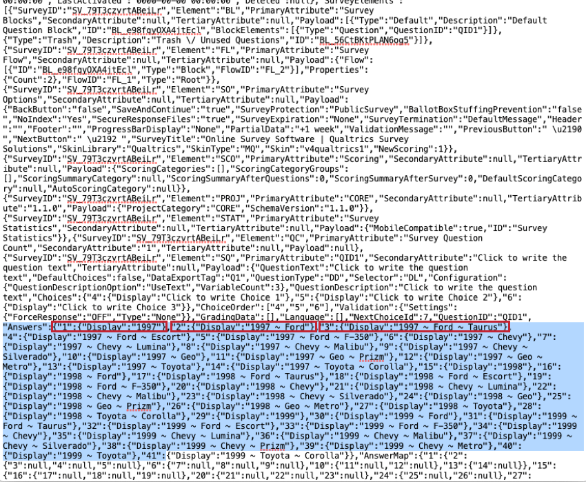 imagem de um arquivo QSF em um editor de texto. As respostas drill down estão destacadas em azul e as três primeiras estão em vermelho. As três primeiras opções de resposta são: 1997, 1997 - Toyota, e 1997 - Toyota - Taurus. Para acessar a lista completa de respostas, faça o download do QSF de exemplo na seção de links.